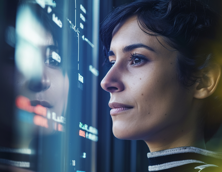 A woman gazing at a computer screen with visible data reflections.