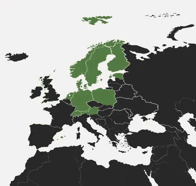 Map on which the countries with Riverty locations are marked: Germany, Austria, Switzerland, Netherlands, Poland, Denmark, Norway, Sweden, Finland, Estonia, Ireland