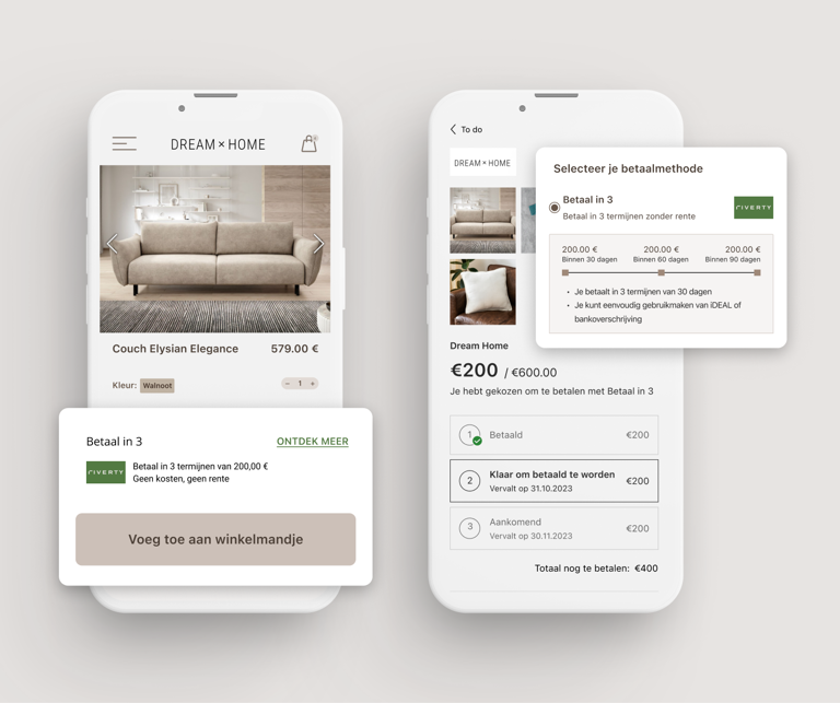 Image showing the use of Riverty Pay in 3 in your webshop - Customers can select it in the checkout and then easily have their purchose cost be split out into 3 equal payments - interest free.