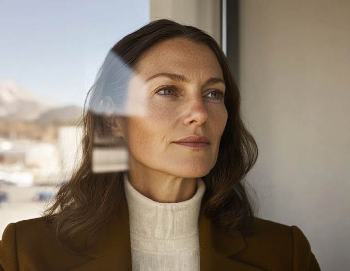 Frau, die durch ein Fenster nach draußen schaut.