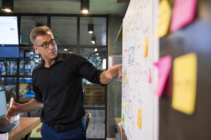 young man in front of a white board