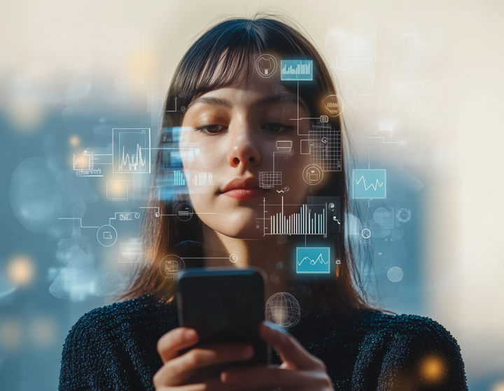 Eine Frau mit einem Smartphone in der Hand, das mehrere App-Symbole auf dem Display zeigt.