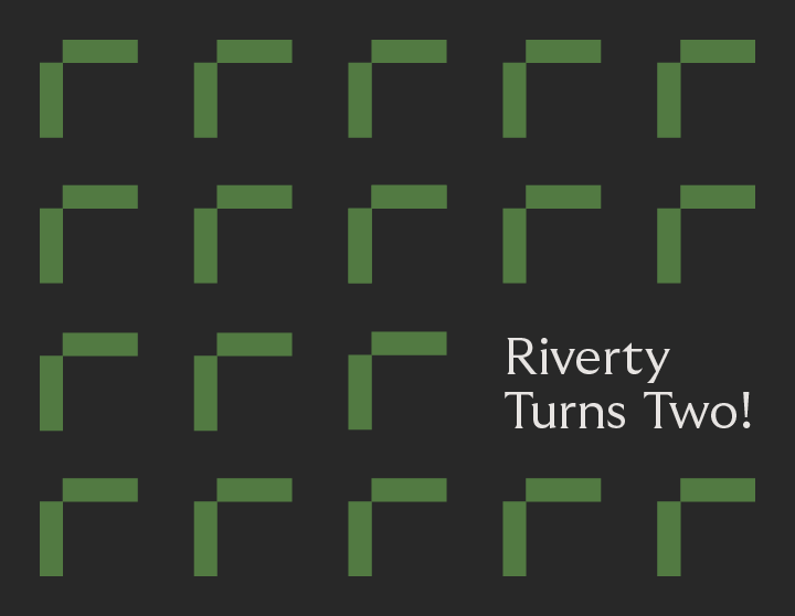 Black image with green Riverty logo, text saying "Riverty turns two!"
