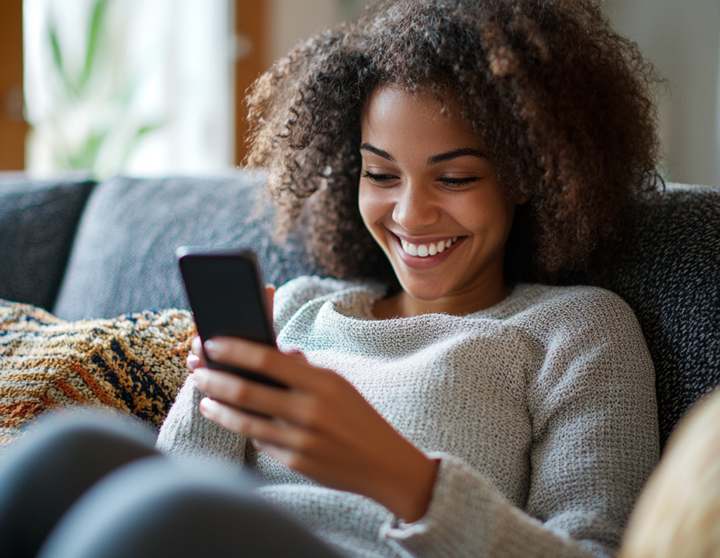 A woman is sitting on the couch, looking at her phone and smiling as she is on her phone.