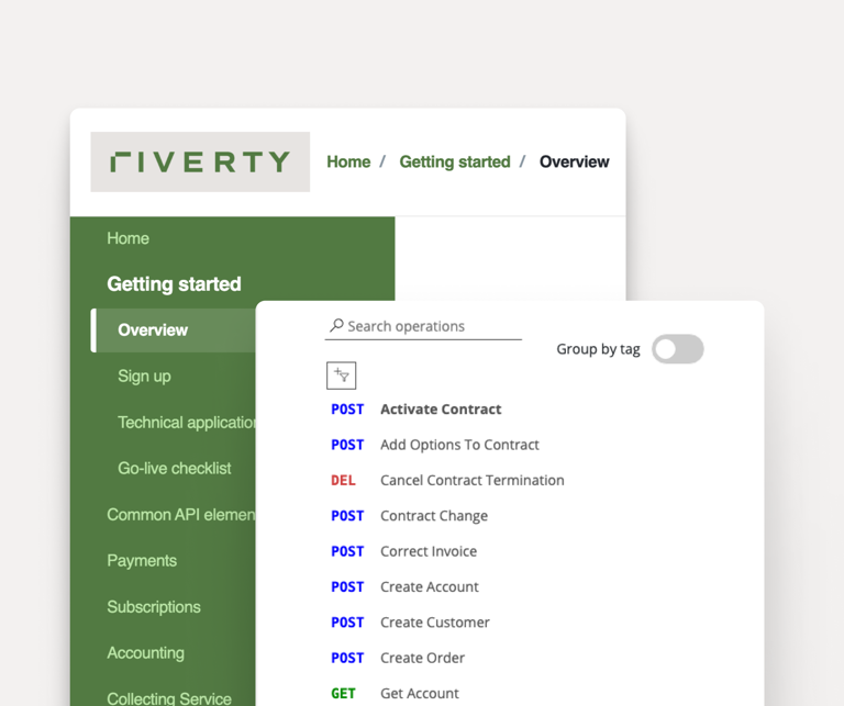 Riverty's 'Getting Started' page with an API operation list, search bar, and grouping toggle.