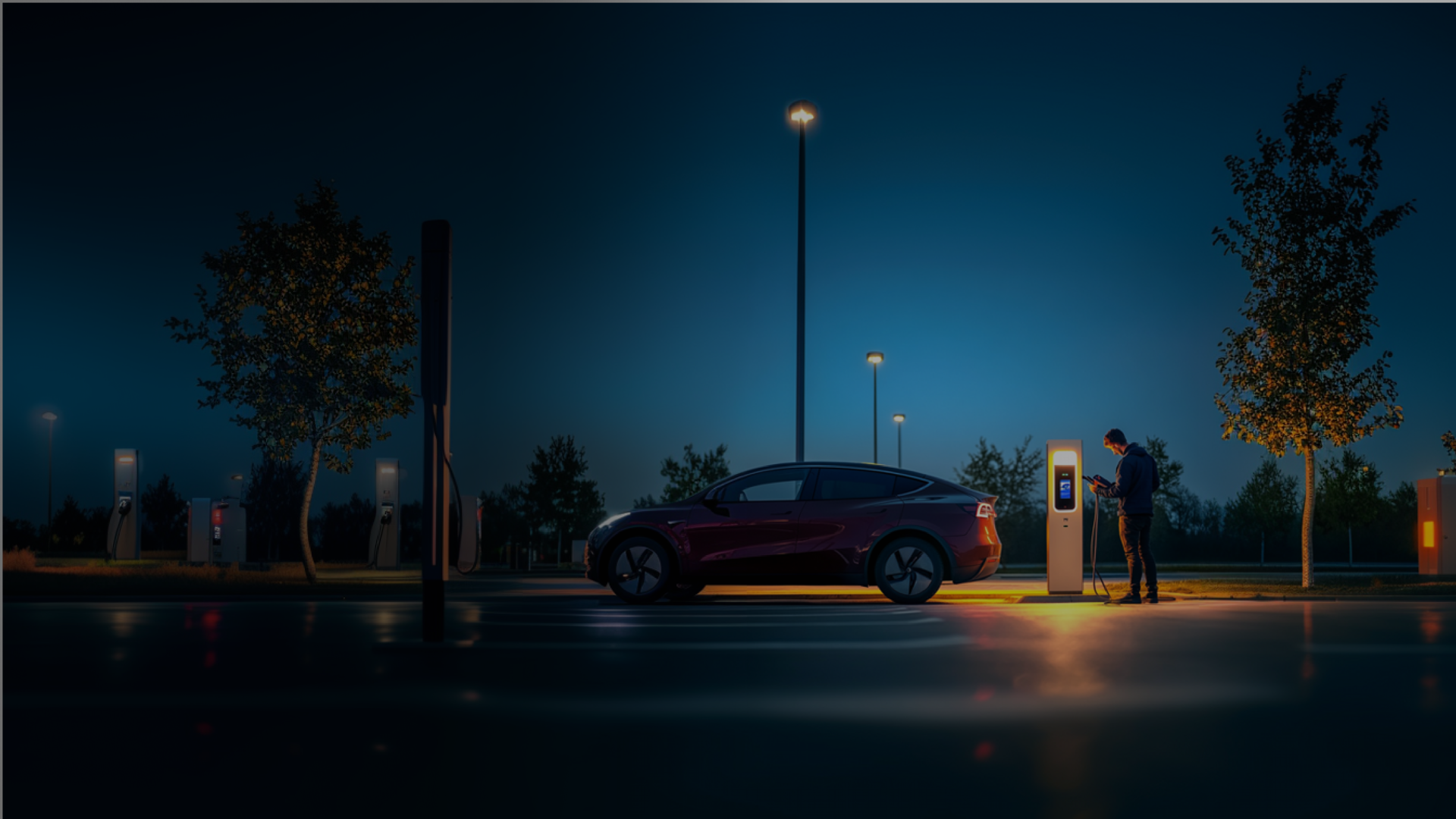Man charging his electric car at charging station.